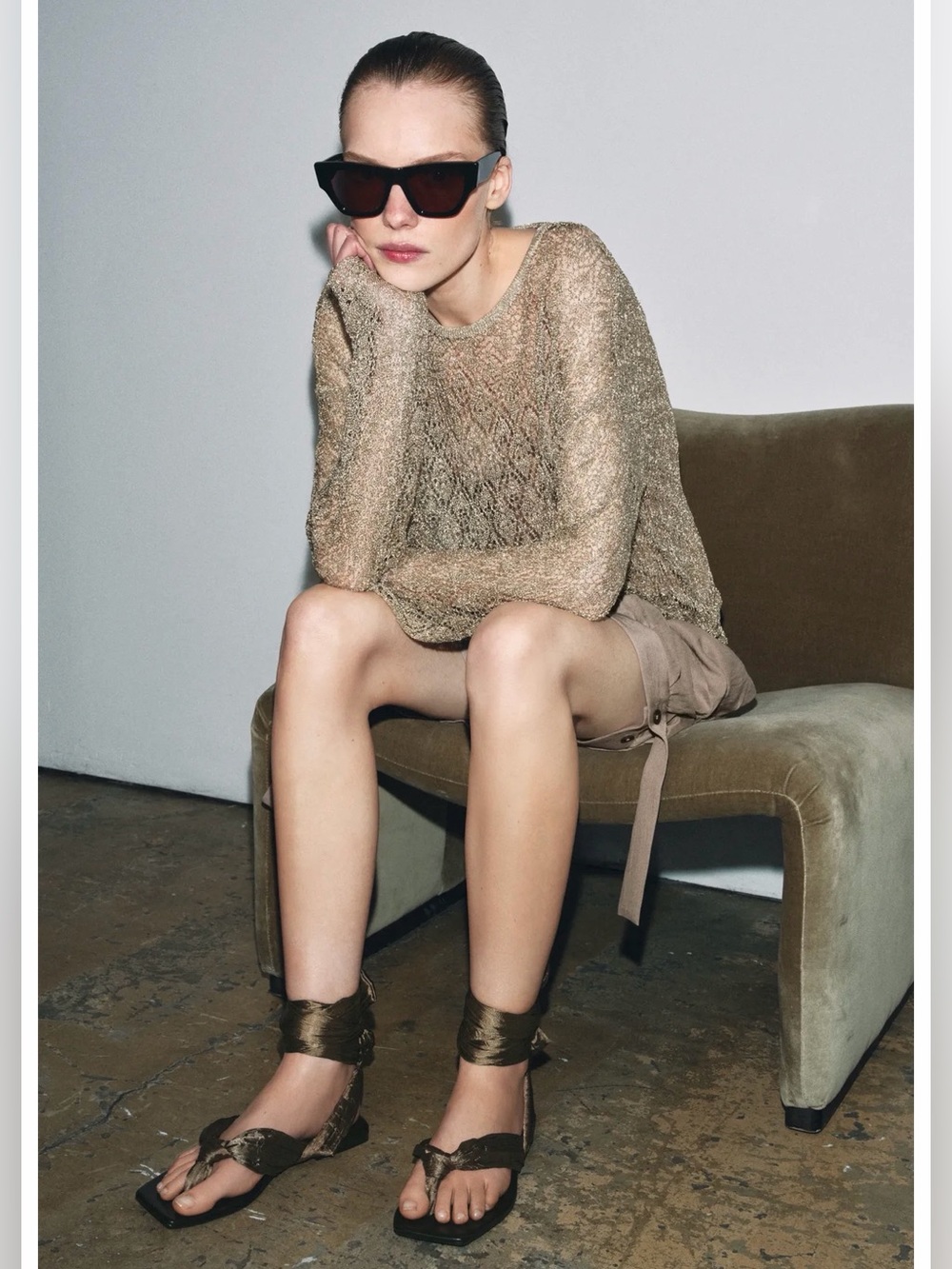Zara Olive Satin Ankle-Tie Flat Sandal - Picture 4 of 4